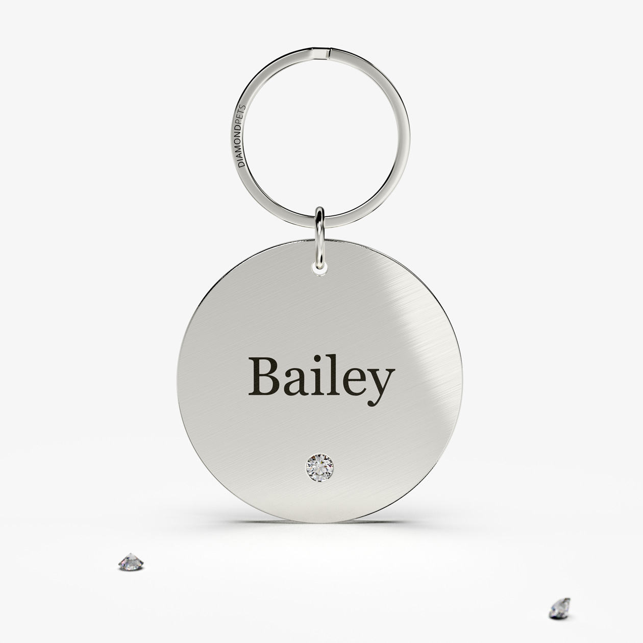 Classic Round Real Diamond Pet Name Tag Stainless Steel